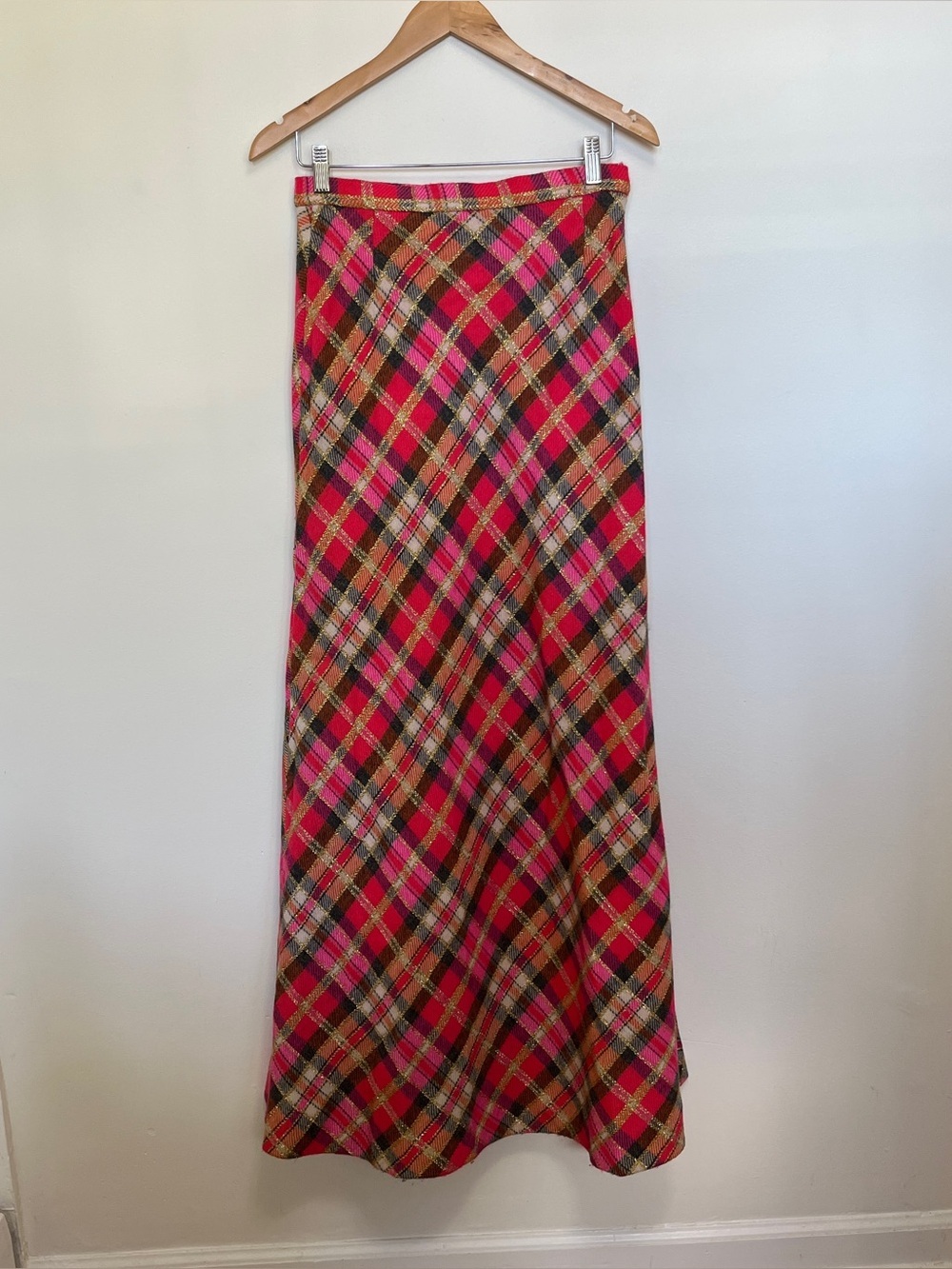 Vintage Wool Plaid Maxi Skirt Size XS Hot Pink Gold
